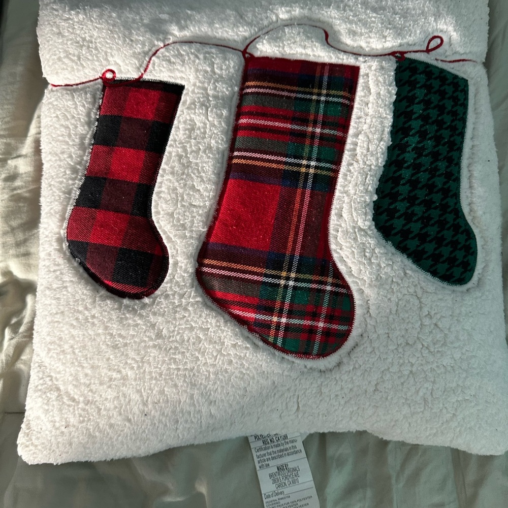 Festive Holiday Pillow with Red and Green Stockings
